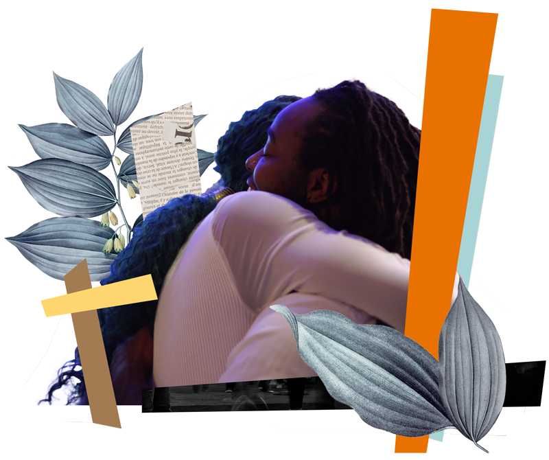A scrapbooked image of a close up of two people embracing
